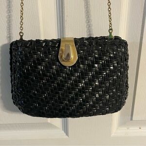 Majid Black Wicker Purse - Vintage 1960 - Vinyl Coated - Cultch or Top Carry